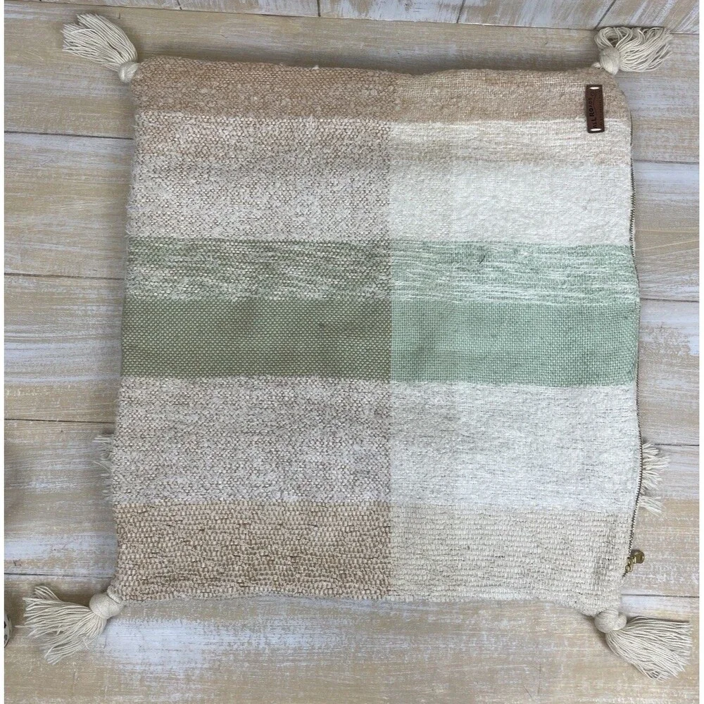 Anthropologie All Roads Beige Green Tan Stripe Pillow Cover w/tassels Boho